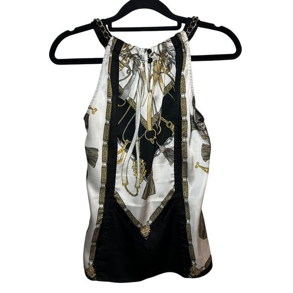 Vintage Cache Y2K Chain‎ Link Top Silky Blouse Black White Gold Size XS Halter - Picture 2 of 7